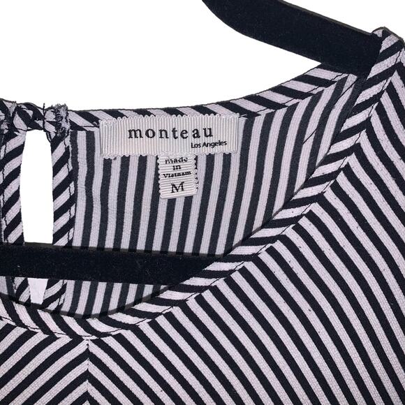 Monteau Black and White Stripped Ruffle Short Sleeve Tie Front Top Size M - Picture 5 of 6